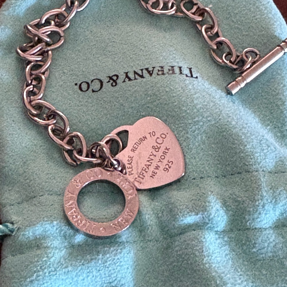Tiffany & Co. Silver Heart Tag Toggle Bracelet on Blue Pouch
